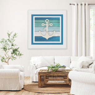 Blauw Turquoise White Anchor Beach Nautical Canvas Afdruk