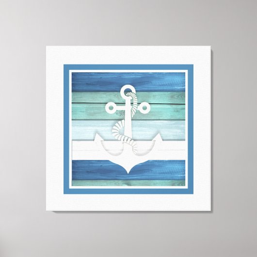 Blauw Turquoise White Anchor Beach Nautical Canvas Afdruk (Voorkant)