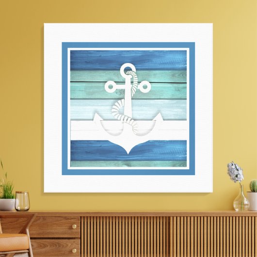 Blauw Turquoise White Anchor Beach Nautical Canvas Afdruk (Insitu (Woonkamer))