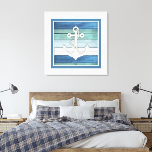 Blauw Turquoise White Anchor Beach Nautical Canvas Afdruk (Insitu (Slaapkamer))
