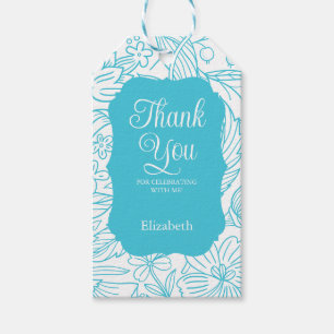 Blauw Turquoise Wit Flora Meisje Verjaardag Bedank Cadeaulabel