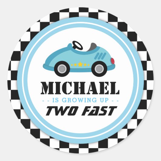 Blauw Twee snelle Race Car party cirkel Ronde Sticker (Voorkant)