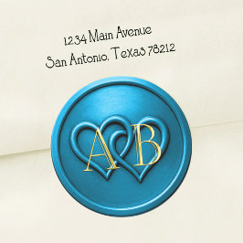 Blauw twee verstrengelde harten monogram trouwen ronde sticker