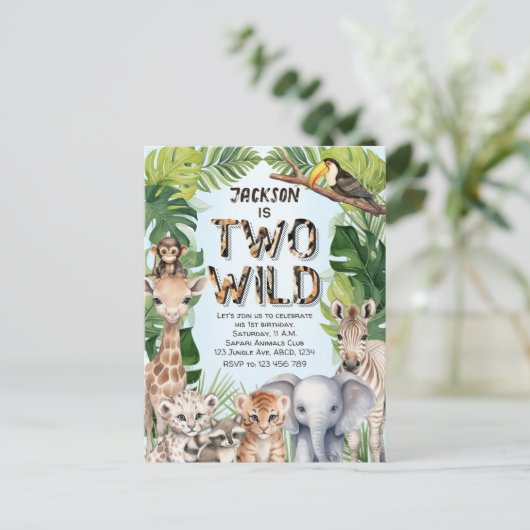 Blauw Twee Wild Safari Baby Boy 2e Verjaardag Uitnodiging Briefkaart (Staand voorkant)