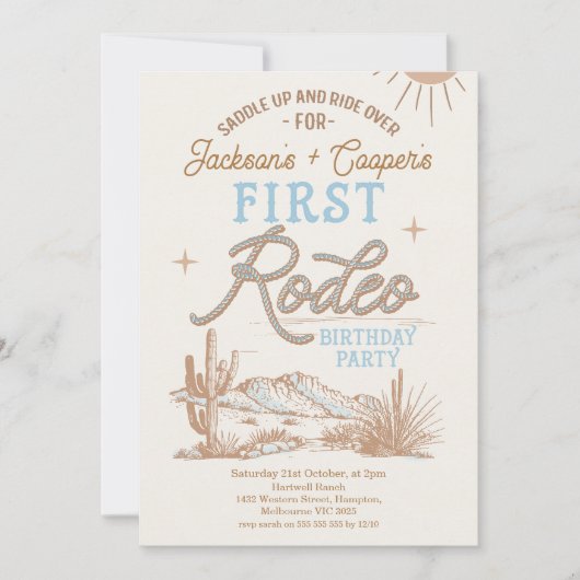 Blauw Twin Boys Eerste Rodeo 1e Verjaardag Kaart (Voorkant)