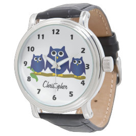 Blauw Uilontwerp Gepersonaliseerd Horloge