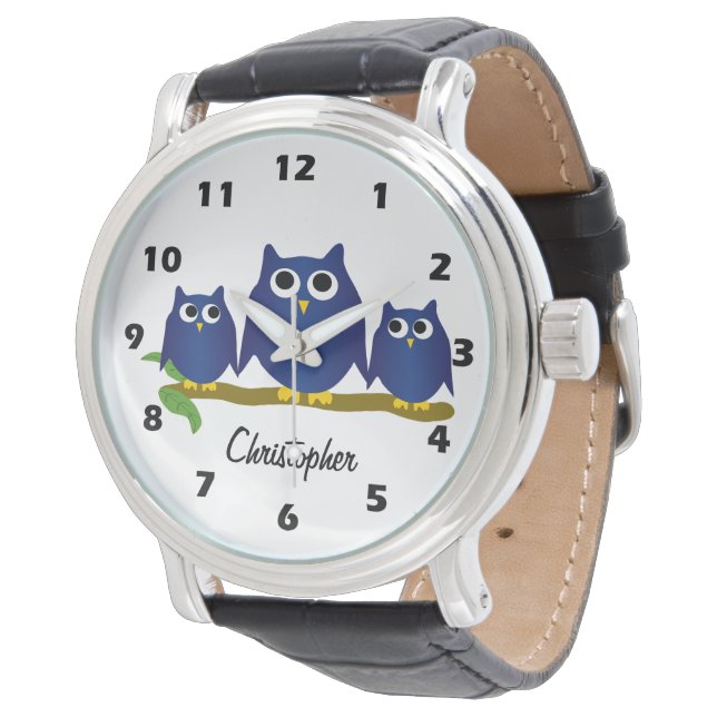 Blauw Uilontwerp Gepersonaliseerd Horloge (Gekanteld)