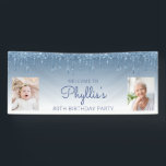 Blauw uitdrijven Glitter Twee Foto 80th Birthday Spandoek<br><div class="desc">Welkom gasten met deze schitterende, glamoureuze fotobanner op de 80ste verjaardag, met een dun blauwe faux glitter drip grens en blauwe ombre achtergrond. Vervang gemakkelijk de twee afbeeldingen van de steekproef met foto's van de gast van eer. Pas het met haar naam in blauw handschrift manuscript, met de verjaardag hieronder...</div>