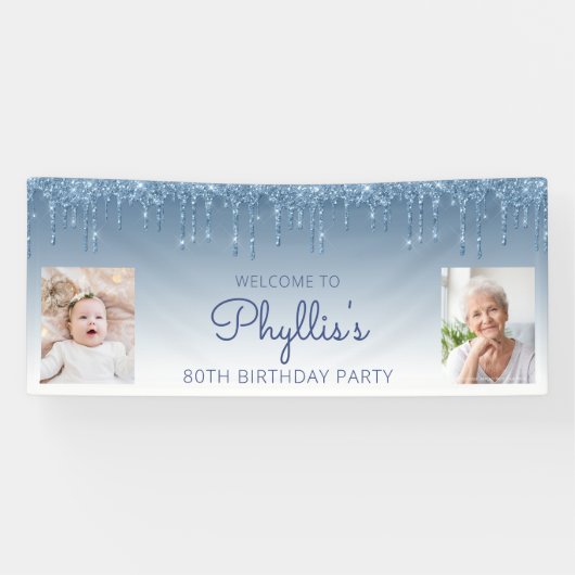 Blauw uitdrijven Glitter Twee Foto 80th Birthday Spandoek (Horizontaal)