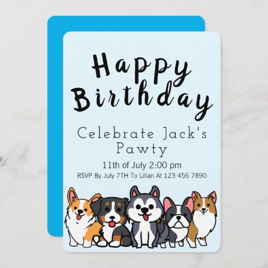 Blauw - Uitnodiging tot puppies van Paw-ty cartoon (Voorkant / Achterkant)