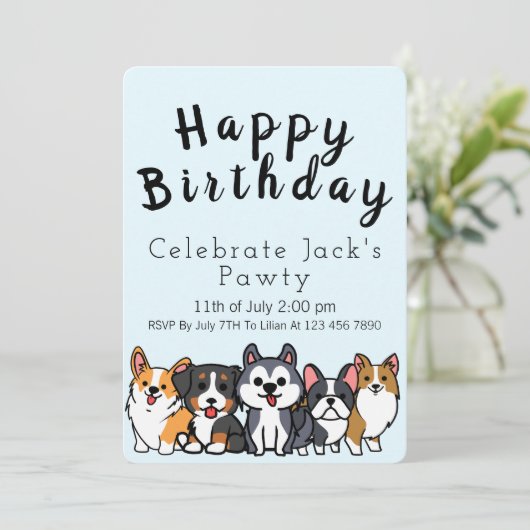 Blauw - Uitnodiging tot puppies van Paw-ty cartoon (Staand voorkant)