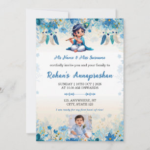 Blauw uitnodigingskaartje voor Annaprashan met kle Kaart
