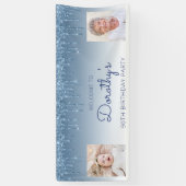 Blauw uitstrijkje Glitter Twee Foto 90th Birthday Spandoek (Verticaal)