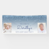Blauw uitstrijkje Glitter Twee Foto 90th Birthday Spandoek (Horizontaal)