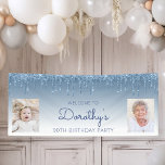 Blauw uitstrijkje Glitter Twee Foto 90th Birthday Spandoek<br><div class="desc">Welkom gasten met deze chic, glamoureuze 90ste verjaardagsfeestfotobanner, met een lichtblauwe faux glitter drip border en blauwe ombre background. Vervang gemakkelijk de twee afbeeldingen van de steekproef met foto's van de gast van eer. Pas het met haar naam in blauw handschrift manuscript, met de verjaardag hieronder in blauwe sans serif...</div>