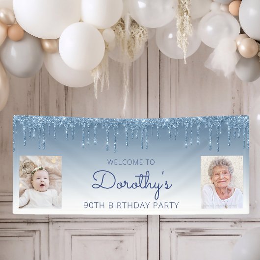 Blauw uitstrijkje Glitter Twee Foto 90th Birthday Spandoek