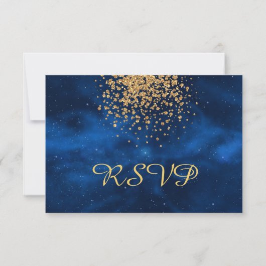 Blauw universum met gouden Confetti RSVP Kaartje (Voorkant)