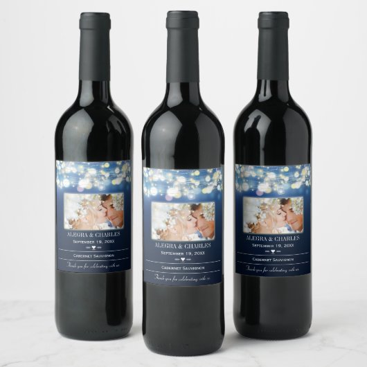 Blauw Uw Foto Datum Namen Bruiloft Wijn Label Wijn Etiket (Flessen)