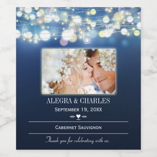 Blauw Uw Foto Datum Namen Bruiloft Wijn Label Wijn Etiket (Enkel label)