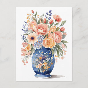 Blauw Vaas Bloem Boeket Waterverf Schilderen Briefkaart