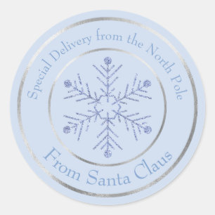 Blauw van de Kerstman Glitter Sneeuwvlok Ronde Sticker