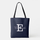 Blauw van marinemonogrammen en bruinkool tote bag (Achterkant)