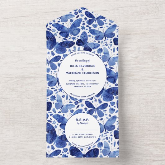Blauw van vlinder all in one uitnodiging (Binnen)