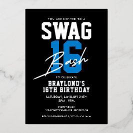Blauw Varsity Style Swag 16 Verjaardag Folie Uitnodiging