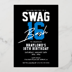 Blauw Varsity Style Swag 16 Verjaardag Folie Uitnodiging