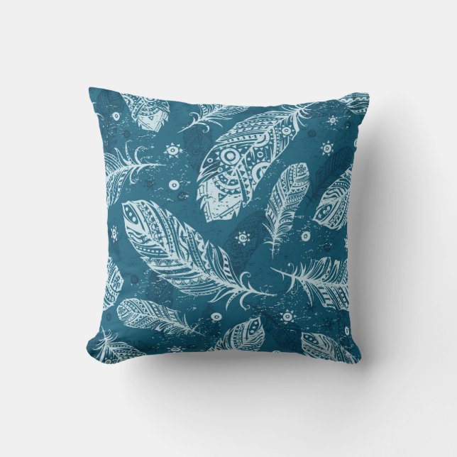 Blauw  vederpatroon kussen (Voorkant)
