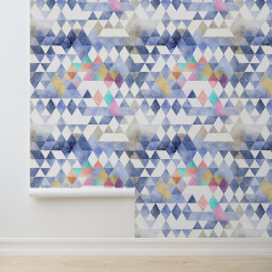 Blauw Veelkleurige Waterverf Driehoeken Patroon Behang