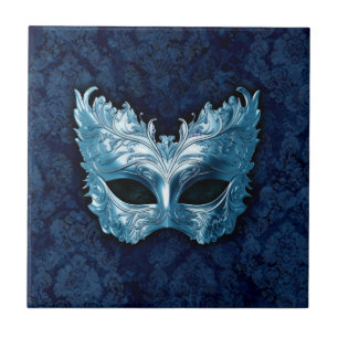 Blauw Venetiaans Masker op Blauwe Damast Achtergro Tegeltje
