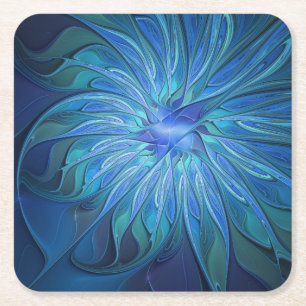 Blauw ventilatorpatroon, Abstracte fractale kunst Kartonnen Onderzetters