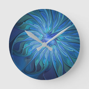 Blauw ventilatorpatroon, Abstracte fractale kunst Ronde Klok