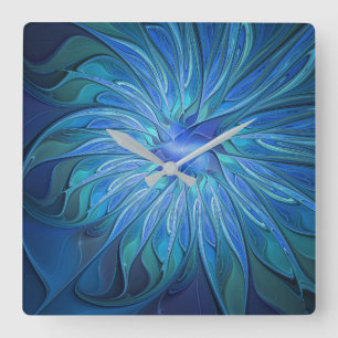 Blauw ventilatorpatroon, Abstracte fractale kunst Vierkante Klok