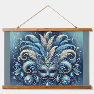 Blauw Veren Maskerade Masker Illustratie Hangend Wandkleed