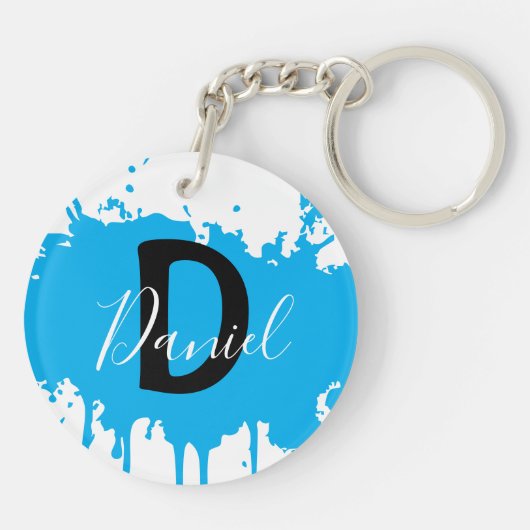 Blauw verfspat monogram sleutelhanger gepersonalis (Achterkant)