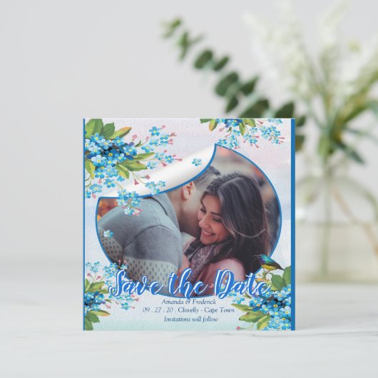 Blauw vergeet-me-niet Bloem sparen de data Save The Date (Staand voorkant)
