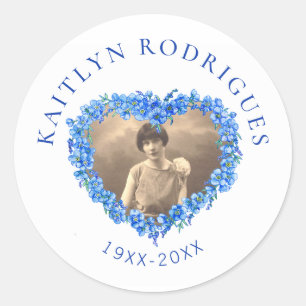Blauw vergeet-me-niet bloemen foto-herdenking ronde sticker