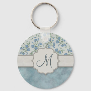 Blauw vergeet-me-niet Floral en Marmer met Monogra Sleutelhanger