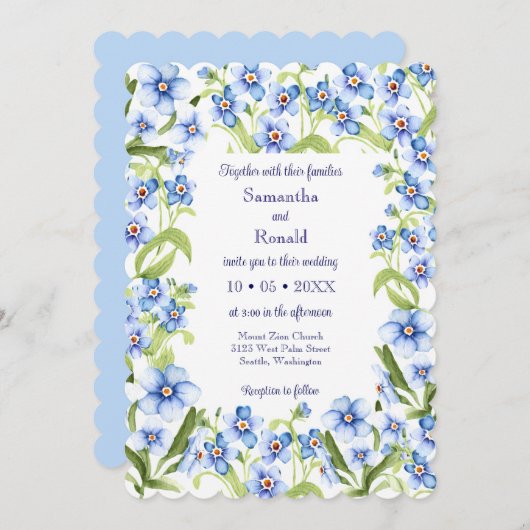 blauw Vergeet me niet Waterverf bruiloft Kaart (Voorkant / Achterkant)