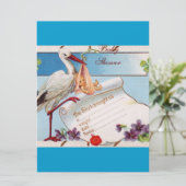 BLAUW VERGEET ME NOTS, STORK BABY SHOWER MONOGRAM KAART (Staand voorkant)