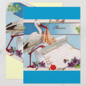 BLAUW VERGEET ME NOTS, STORK BABY SHOWER MONOGRAM KAART (Voorkant / Achterkant)