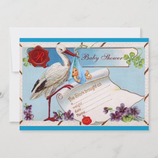 BLAUW VERGEET ME NOTS, STORK BABY SHOWER MONOGRAM KAART (Voorkant)