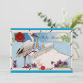 BLAUW VERGEET ME NOTS, STORK BABY SHOWER MONOGRAM KAART (Staand voorkant)