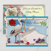 BLAUW VERGEET ME NOTS, STORK BABY SHOWER MONOGRAM KAART (Voorkant / Achterkant)