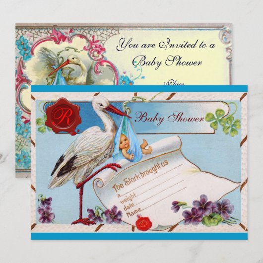 BLAUW VERGEET ME NOTS, STORK BABY SHOWER MONOGRAM KAART (Voorkant / Achterkant)