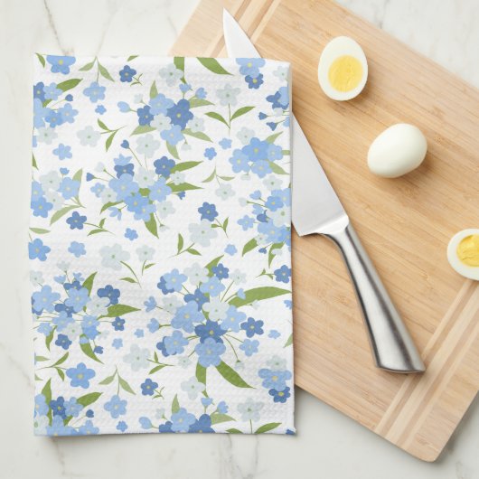 Blauw Vergeet mij niet bloem keukenhanddoek (Quarter Fold)