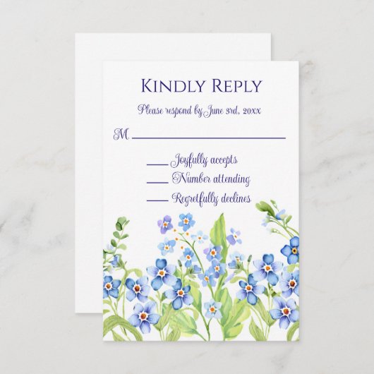 Blauw Vergeet mij niet Waterverf bruiloft RSVP-kaa Kaart (Voorkant / Achterkant)
