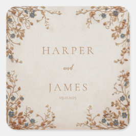 Blauw Verget-mij-nietje Goud Borduurwerk Crème Bru Vierkante Sticker